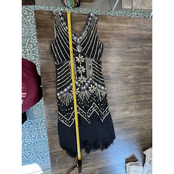 Black Dress with Gold sequins M With Bottom Fringe,Sexy,Heavy Embellishments - Picture 9 of 13